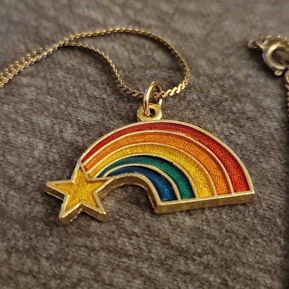 VTG RAFAELIAN 1970s Rainbow Star Cloisonne Pendant Festival Chain Necklace - Picture 3 of 5